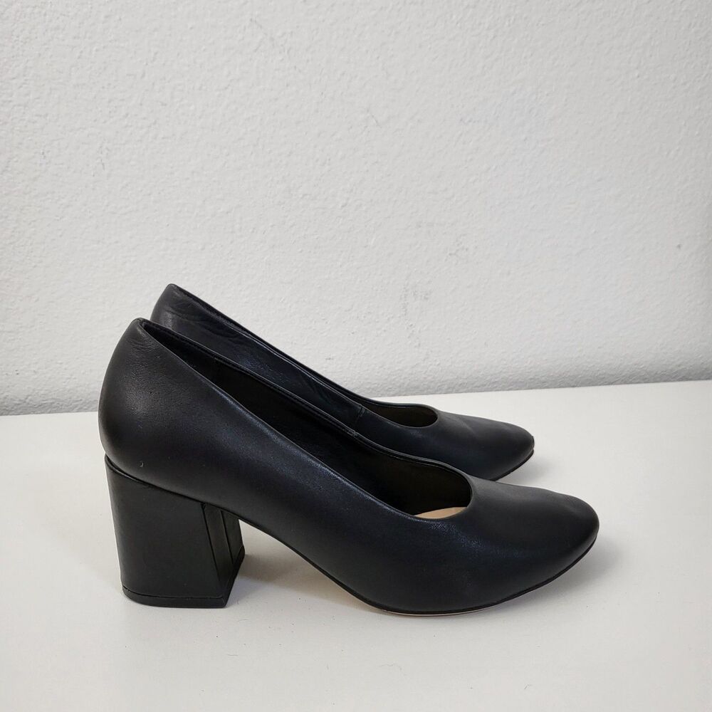 SOLE SOCIETY Elle Pumps Womens 6 Black Leather Block Heels Classic Office Shoes